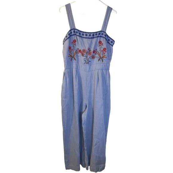 Spartina 449 Women's Linen Jumpsuit Size 10 Blue Lightweight Embroidered Twee - Picture 1 of 8